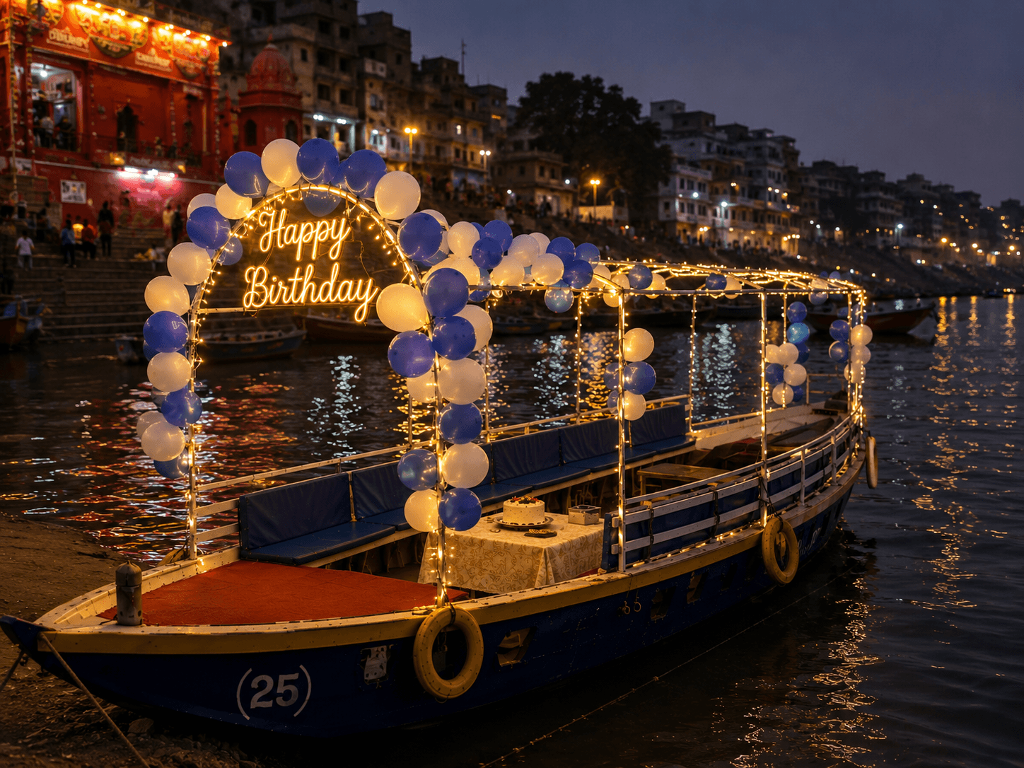 Decorated boat, birthday cake, sunset