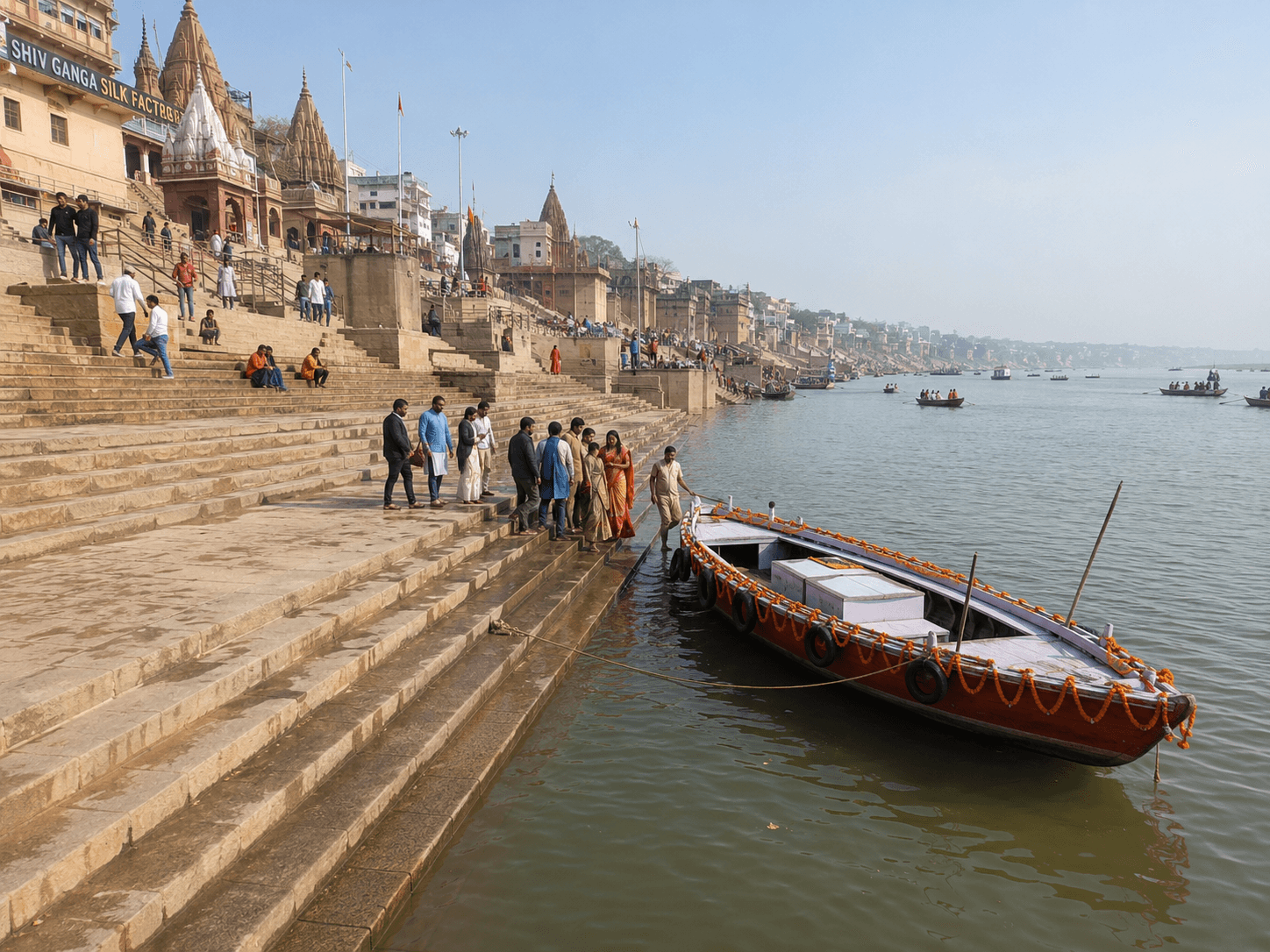 Boarding ghat — steps down to the water, daylight