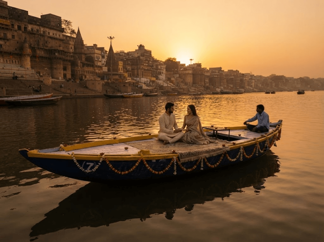 Couple on calm water, evening light