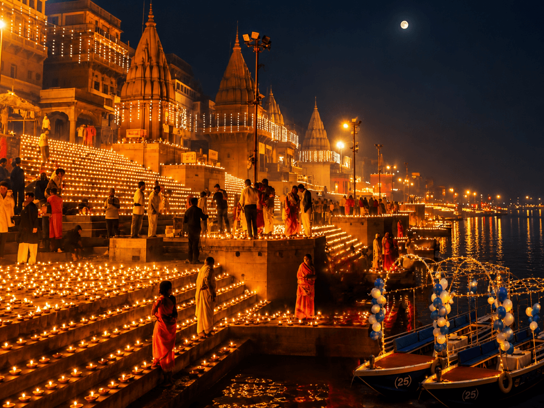 Ghats lit with lakhs of diyas, night