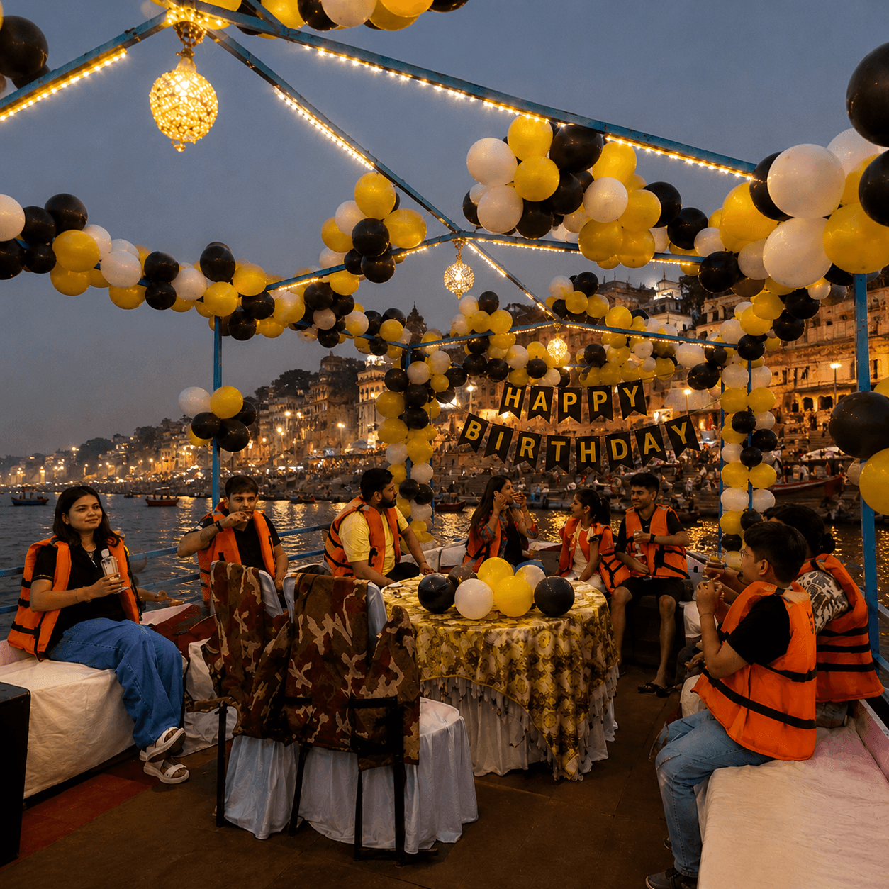 Friends group party, sunset