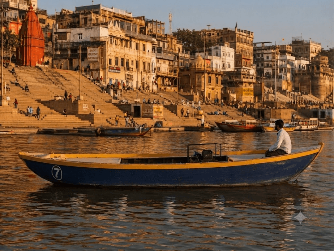 Motor boat cruising past ghats, day