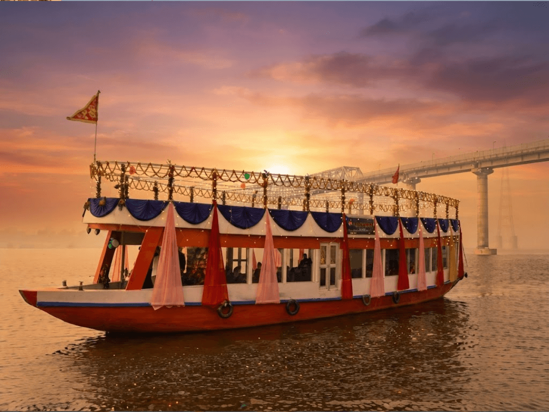 AC cruise exterior, string lights, dusk