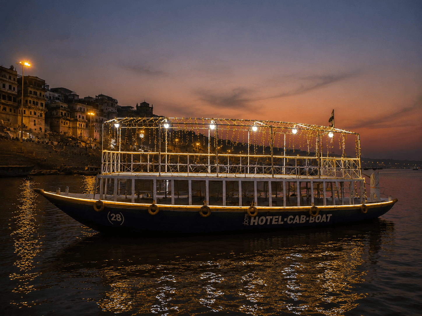 Ornate Bajra, wide open deck, dramatic golden hour angle
